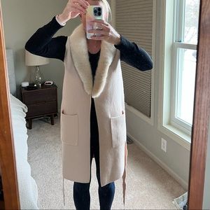 Long cream vest with faux fur trim